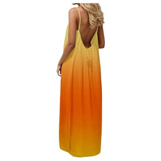 Generico vestito lungo estivo donna abito con schiena scoperta vestito da mare boho chic dresses vestiti con spalline sottili elegante abiti cerimonia caftano scollato senza maniche taglie forti tinta unita