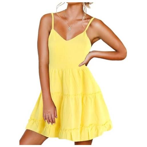 FANCYINN donna con scollo a v abiti con spalline senza maniche abito floreale senza maniche con volant giallo s