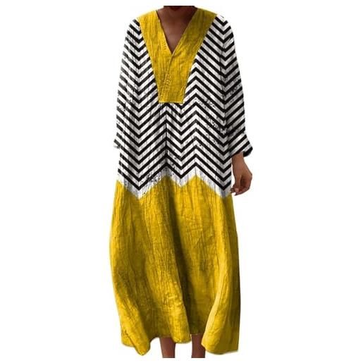 Generico vestito mare donna lungo boho estivo scollo v maniche lunghe color block abiti casual maxi fluido comodo vacanze righe leggero quotidiano elegante chic