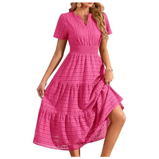 heekpek vestito lungo estivo donna cotone scollo a v elegante abito vita alta a line maniche corte abiti estivi curvy con tasche, rosa, xxl