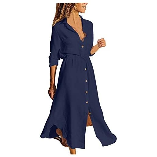 WOXIHUAN abiti da donna abito lungo abito lungo a maniche lunghe in cotone lungo in lino camicetta elegante abiti estivi casual larghi tinta unita marina militare m
