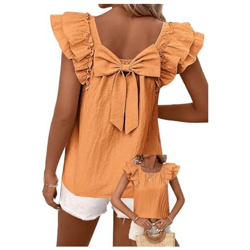 TUUHAW t-shirt da donna manica corta bluse girocollo casual elegante top | top con volant camicie con fiocco posteriore, maglietta estive maniche a balze, abbigliamento primavera camicia donna