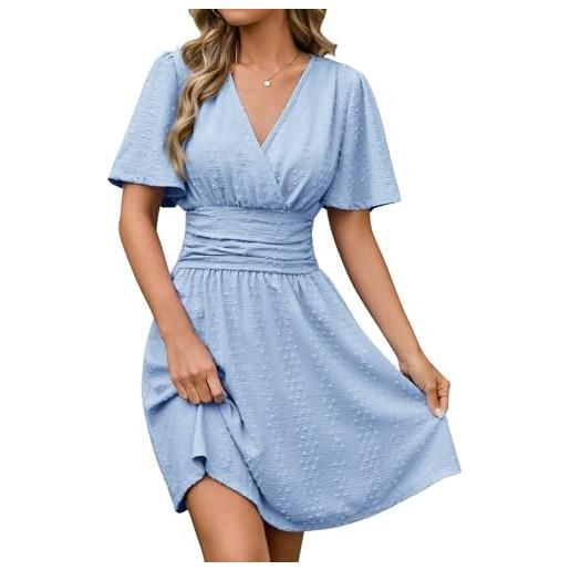 CMTOP vestito donna estivo manica corta scollo a v vestiti vita alta abiti avvolgenti a line casual mini linea vestitino maniche da spiaggia (blu, l)