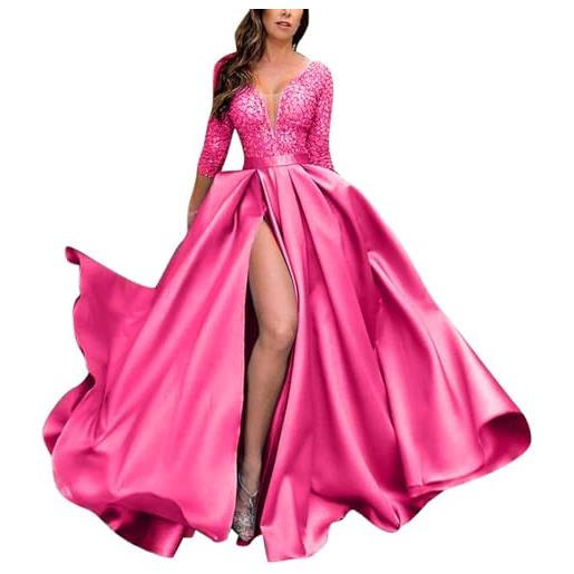 Xmiral abito da donna con spacco profondo a v in pizzo con paillettes, gonna lunga sexy, abito da per banchetti, abito con maniche a cinque quarti vestiti matrimonio invernale