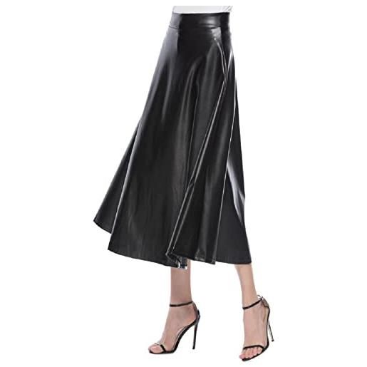 IQYU gonna in pelle nera da donna di grandi dimensioni, lunga - gonna a pieghe lunga da donna, in pelle, linea ad a, elegante gonna elasticizzata in similpelle, per l'inverno, nero , m