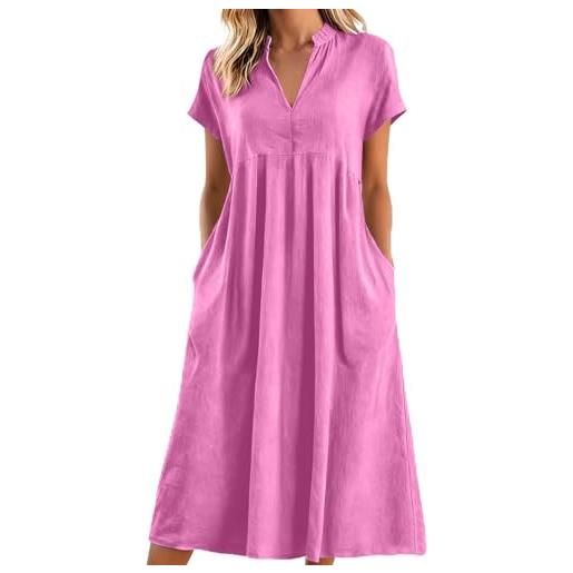 Generico vestiti lino donna lunghi scollo a v, manica corta casual, abito camicia lino maxi elegante vestiti estivi da spiaggia mare con tasche per la primavera e l'estate confortevole e traspirante
