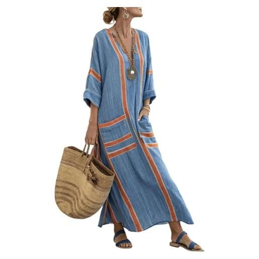 Generico abito lungo estivo donna lino elegante vestito boho chic vintage cerimonia maxi vestiti cotone e lino comoda scollo a v prendisole mare spiaggia vacanza traspirante abbigliamento con taschen (a20, l)