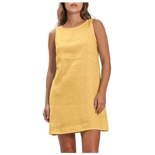 Amazhiyu abito in lino da donna, senza maniche, abito estivo in lino, abito da spiaggia, a linea, abito midi estivo, girocollo, lunghezza al ginocchio, top tank con tasche, giallo. , xl