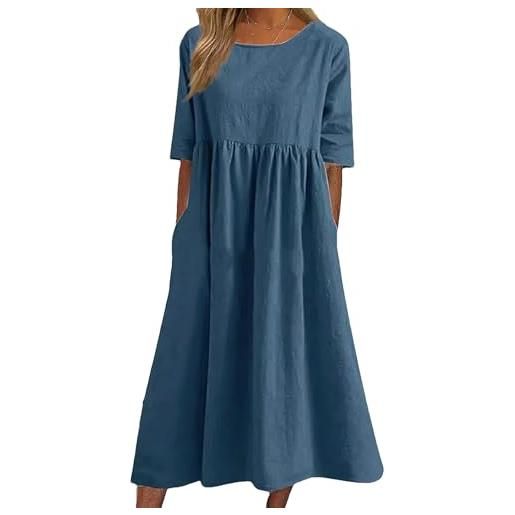 rismart donna maniche corte lino abito estate a-line lungo abiti con tasche, blu pavone, s