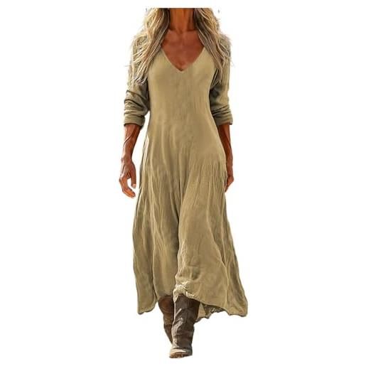 Generico vestito lino donna primavera estate abito lungo boho chic scollo a v manica 3/4 maxi vintage geometrico con tasche casual mare spiaggia vacanza taglie forti comodo elegante 2026