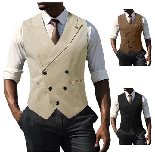 Generic gilet da uomo con scollo a v, gilet doppiopetto da uomo, classico tinta unita, giacca senza maniche da smoking formale da indossare all'aperto, gilet da uomo d'affari con colletto con risvolto
