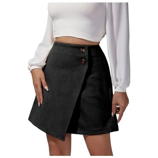 EMOTTOS donna gonna corta in finta pelle scamosciata, avvolgente sull'anca minigonna donna a vita alta con spacco, con pieghe, con bottoni a linea cerniera finta pelle mini gonna, s-l, nero