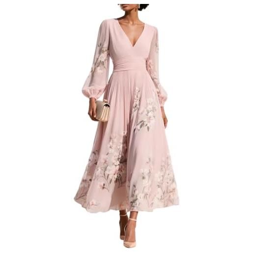 Minetom donna vestiti lunghi da matrimonio elegante collo v vestito a pieghe stampa floreale chiffon abito maxi damigella sera cerimonia h rosa xl