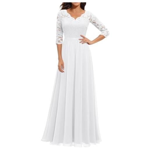 Generisch abito in chiffon da donna in pizzo con cuciture a vita lunga, elegante, elegante, in pizzo, a vita lunga, elegante, abito da festa, vestito leggero e traspirante, bianco, l