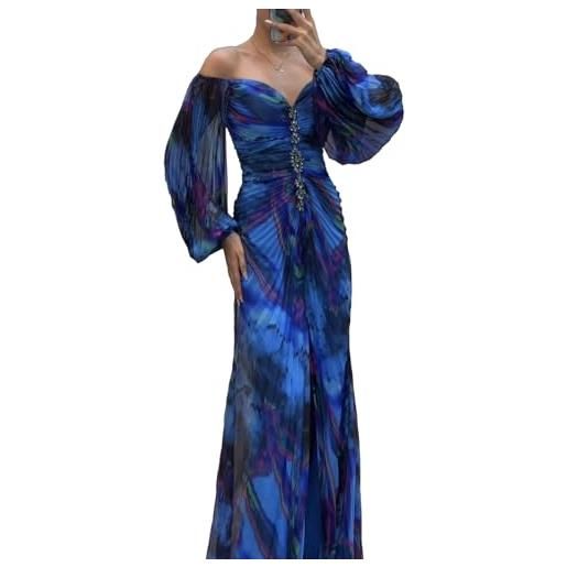 SHINROAD abito floreale da donna, elegante, a maniche lunghe, con spalle scoperte, decorazione con strass, plissettato, maniche lunghe a lanterna, orlo diviso