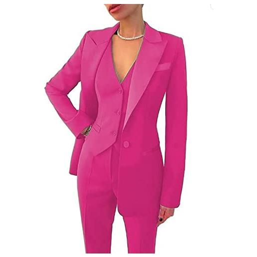 Leader of the Beauty - completo da donna con rever a punta, 3 pezzi, abito da ufficio per signora, abito da lavoro, completo con pantaloni, abito da cerimonia, fucsia, s