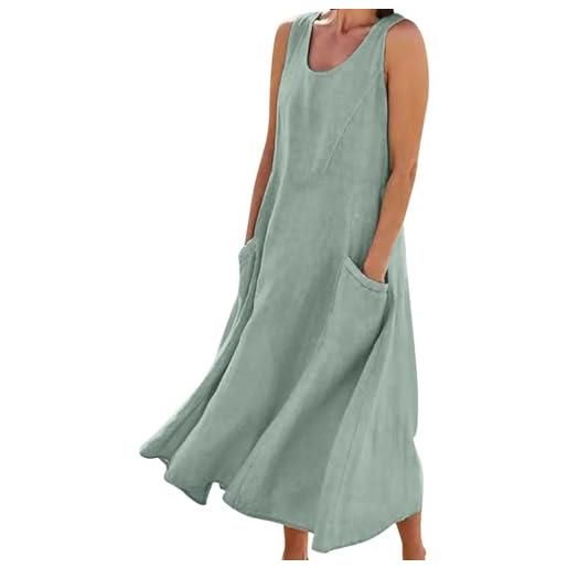 Generico abiti estivi da donna 2025, maxi dress senza maniche in cotone e lino, casual largo monocromatico taglie forti con tasche (green, xl)