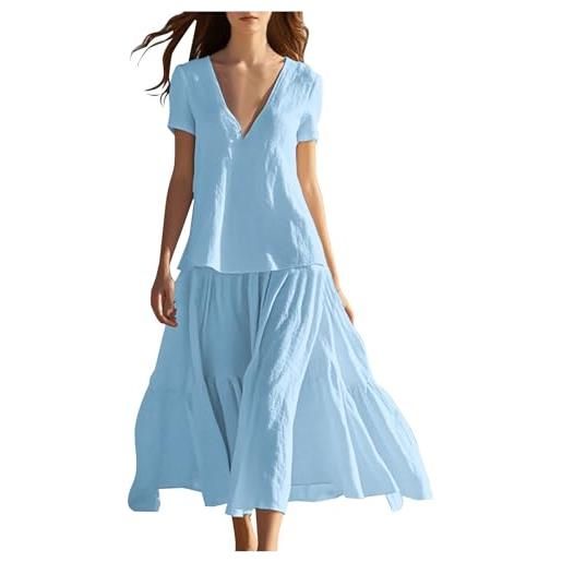 Generico vestito donna elegante estivi abito di lino solido sciolto leggero vestito maniche corte morbidi e traspiranti per il tempo libero vestiti in cotone moda abiti scollo a v casual eleganti per spiaggia