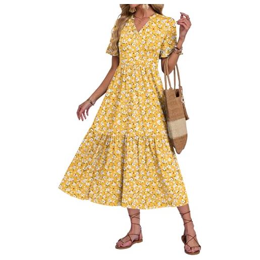 AUSELILY vestito lungo estivo donna manica corta a volant scollo v vestito da mare spiaggia lungo abito casual elegante con tasche fiori gialli xl