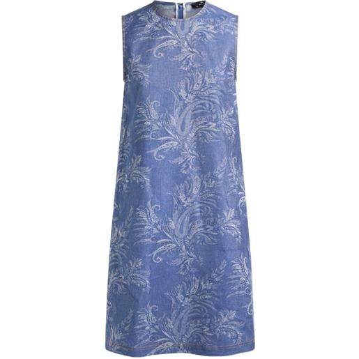 ETRO abito corto denim in lino e cotone con motivo paisley floreale - blu