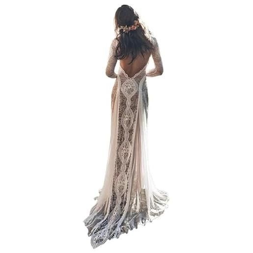 BeiGeTing elegante abito da sposa vintage in pizzo senza schienale boho beach manica lunga fodera nuda bohémien country, bianca, 44