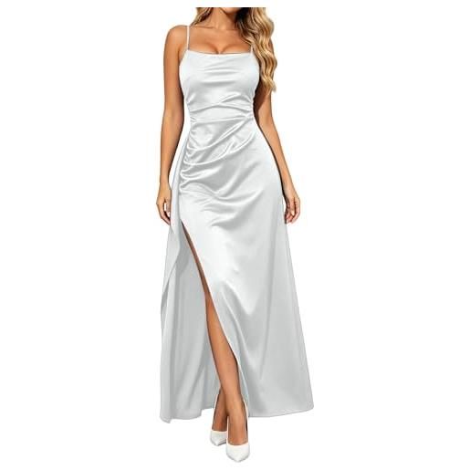 Generico abito da cerimonia donna vestito dresses matrimonio abito da donna in raso con spalline sottili vestiti con spacco elegante sottile vestito festa lungo vestiti partito banchetto (03-white, xxl)