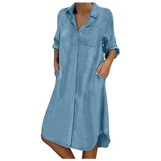IQYU abito in jeans da donna, lunghezza al ginocchio, taglie forti con tasche, per il tempo libero, da donna, a maniche lunghe, vintage, lungo, estivo, largo, con bottoni, elegante, da spiaggia, in jeans