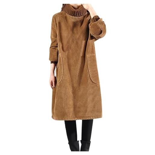 SYDUZAX vestiti invernali donna 2025 vestiti midi a maniche lunghe donna con tasche vestito vintage in velluto a coste spesso e morbido tinta unita abito largo da donna in cotone con collo alto
