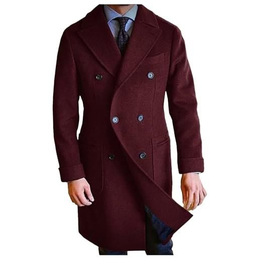 Wjnvfioo cappotto di lana da uomo lungo con risvolto doppio petto cappotto invernale casual moda pendolarismo giacche slim, borgogna, xl
