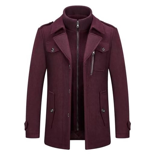 KUDORO cappotto da uomo in lana corto invernale casual e business regular fit spesso con colletto interno rimovibile parka trench coat(vino rosso1, s)