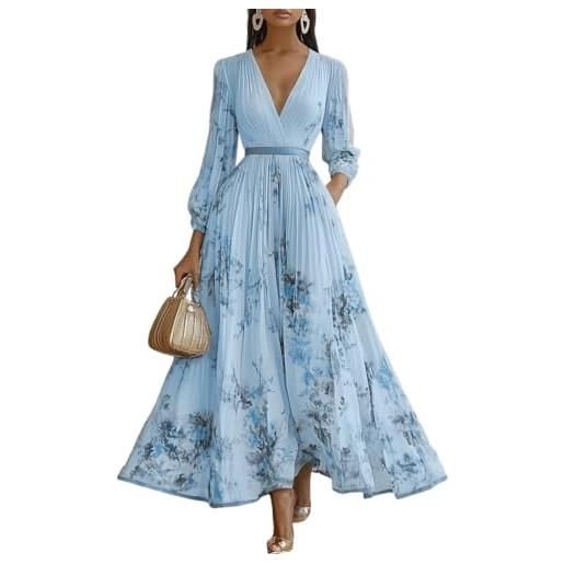 Minetom donna vestiti lunghi da matrimonio elegante collo v vestito a pieghe stampa floreale chiffon abito maxi damigella sera cerimonia