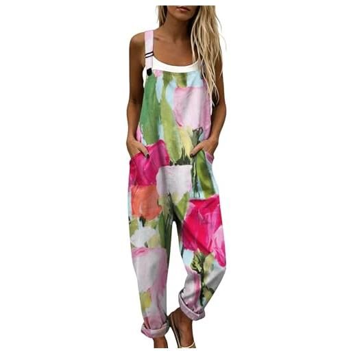 Generico salopette donna estiva lunga tuta intera in lino e cotone con stampa floreale boho chic jumpsuit gamba larga tasche bretelle regolabili taglie forti mare vacanza comoda baggy