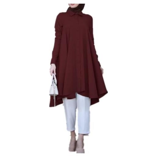 Andiwa camicie a tunica musulmana da donna elegante camicetta irregolare casual manica lunga button down top abbigliamento islamico, vino, xl