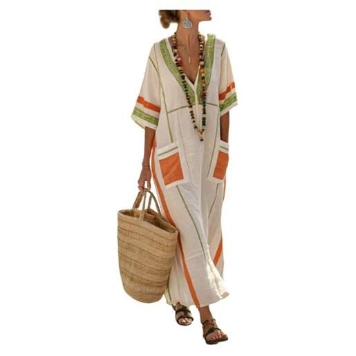 Generico abito lungo estivo donna lino elegante vestito boho chic vintage cerimonia maxi vestiti cotone e lino comoda scollo a v prendisole mare spiaggia vacanza traspirante abbigliamento con taschen (a02, m)