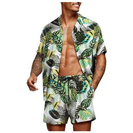 COOFANDY camicia colorata da uomo manica corta pantaloncini corti da spiaggia unisex completo hawaii, bianco, l