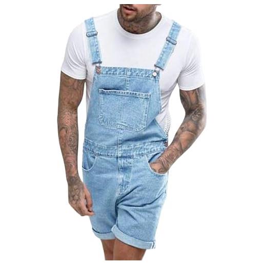 Runcati salopette da uomo in cotone, jeans, pantaloni corti da lavoro, vestibilità larga, da uomo, in denim, con tasche, azzurro, m