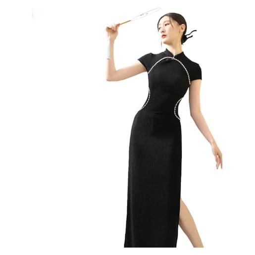 ROYAL SMEELA vestito cheongsam collare mandarino donna abito qipao cinese abiti qipao cheongsam tradizionale cinese costume qipao manica corta sexy vestiti qipao fessura qipao lungo nero adulto