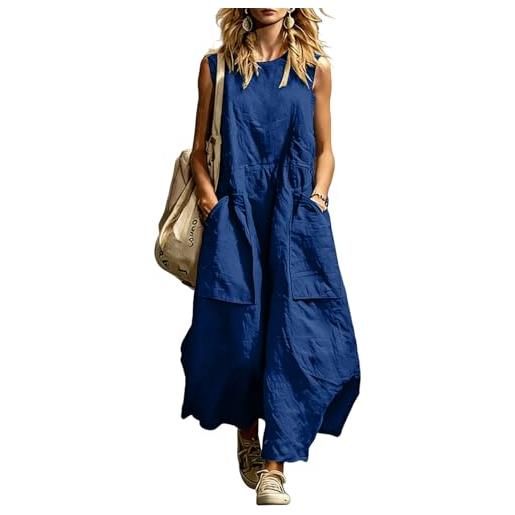 WZMYDBD vestiti estivi donna cotone vestito senza maniche abito lungo estivo donna eleganti vestiti da spiaggia mare casual con tasche abiti tinta unita larghi abito confortevole e traspirante