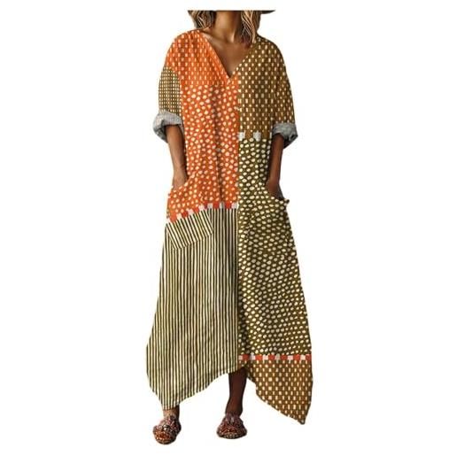 Generico abito lungo donna boho chic in lino scollo a v maniche lunghe, vestito maxi floreale vintage con tasche per mare spiaggia vacanza primavera taglie forti elegante comodo