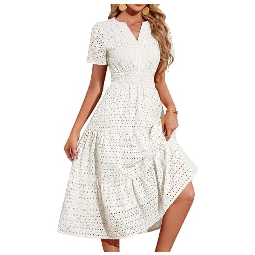 heekpek vestito lungo estivo donna cotone scollo a v elegante abito vita alta a line maniche corte abiti estivi curvy con tasche, bianco, s