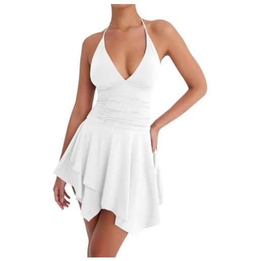 AOWVUTS vestito sexy donna mini abito senza maniche vestiti corto bodycon senza schienale casual swing abiti scollo a v aderente abito da sera con orlo irregolare per cocktail party discoteca festa