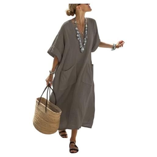 Generico abito lungo estivo donna lino elegante vestito boho chic vintage cerimonia maxi vestiti cotone e lino comoda scollo a v prendisole mare spiaggia vacanza traspirante abbigliamento con taschen (a09, l)