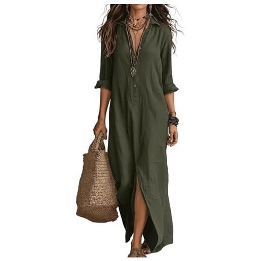 Generic abito da donna a maniche lunghe, elegante, estivo, leggero, a tunica, estivo, in cotone, lino, da spiaggia, da donna, casual, primavera, scollo a v, per il tempo libero, con spacco, 01-verde, xxl