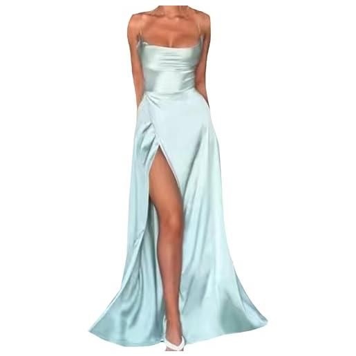 YMING donne vintage classic piegheggiato sexy dressy abiti lunghi tinta solida slim fit side slit maxi dress verde chiaro s