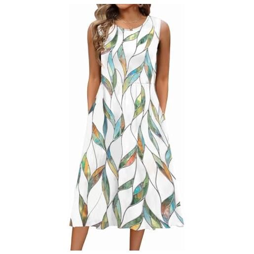 Yeenily vestito donna estivo lungo vestito da mare elegante collo rotondo senza maniche a vestiti vita alta a line con tasche(foglia bianco, l)