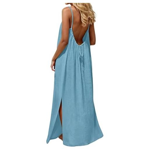 Generico vestito lungo estivo donna abito con schiena scoperta vestito da mare boho chic dresses vestiti con spalline sottili elegante abiti cerimonia caftano scollato senza maniche taglie forti tinta unita