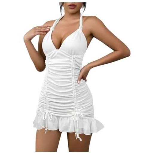 AOWVUTS vestito sexy donna mini abito a pieghe aderente senza maniche vestito corto da sera profondo scollo a v abiti elegante senza schienale con orlo a volant per party discoteca cocktail festa