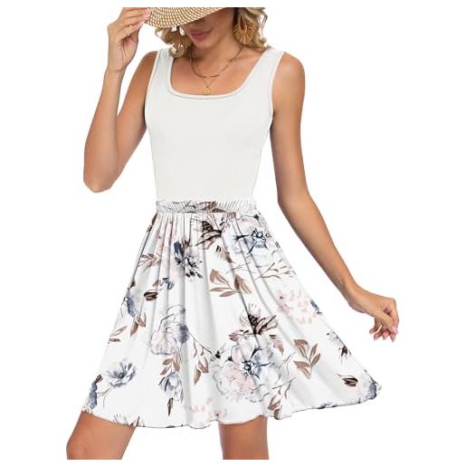 WNEEDU abiti estivi senza maniche donna floreale abito swing in linea a vacanza mini-abito colore patchwork con scollo a u e tasche