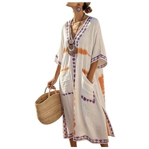 Generico vestito donna estivo kaftano boho chic in cotone e lino, abito lungo etnico con tasche e scollo a v, maxi prendisole per mare spiaggia e vacanza, stile vintage oversize e traspirante