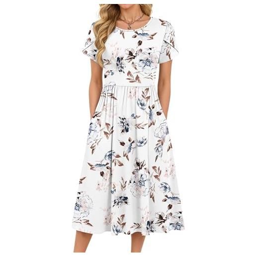MOLERANI abito estivo da donna abito da donna con scollo rotondo elegante abito midi a vita alta abito casual con stampa floreale e tasche motivo floreale bianco s